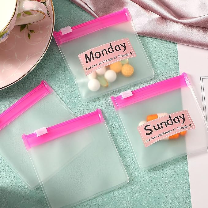 MARFOREVER 39 Pcs Pill Pouch Bags Pill Organizer, Reusable Pill Case Small Medicine Bag Tavel Pill Pouches, 28 Pcs Pink Plastic Pill Container with Slide Lock 10 Sheets Labels and 1 Pc Marker