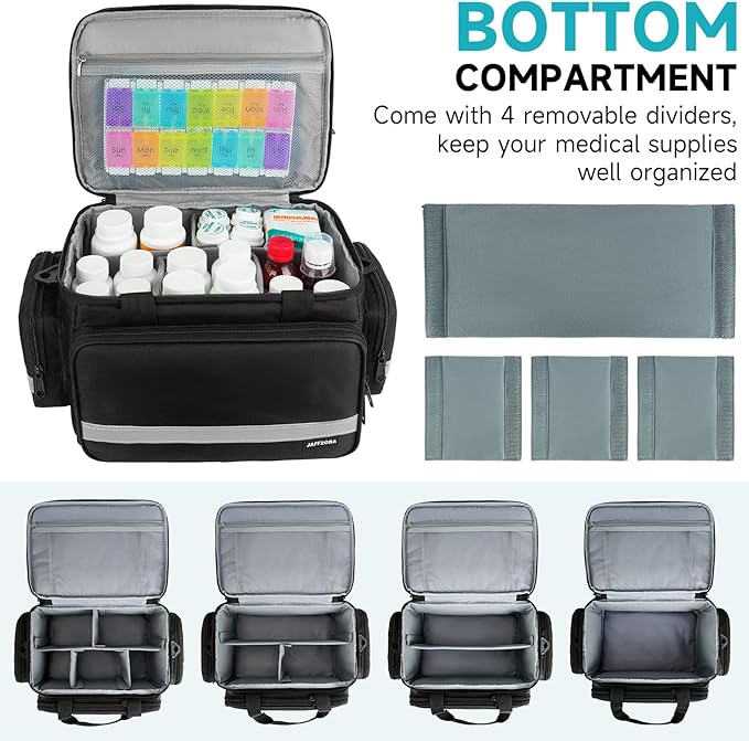 Large Pill Bottle Organizer, Double Layers Medicine Storage Bag with Lockable Zippers and Shoulder Strap,Medication Travel Bag for Prescription Bottles, Vitamins & Medical Supplies, Black (Bag Only)