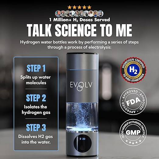 EVOLV Hydrogen Water Bottle Generator - SPE & PEM Water Ionizer 5PPM, Highest Concentrated Dose - 8oz Hydrogenated Water Bottle for Improved Energy & Inflammation Support - Convenient & Easy to Use
