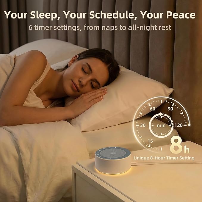 Kipcush White Noise Machine with Night Light – Nursery Sound Machine with Soft Non-Glare Lamp, 30 Soothing Sounds, 8 Color Lights, Up to 8-Hour Timer for Baby & Adults