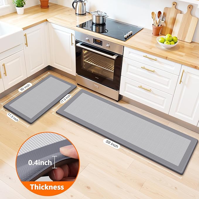Kitchen Mats, 2PCS Kitchen Rugs for Floor, Cushioned Anti-Fatigue Mats for Kitchen Floor, Non-Slip Standing Desk Mat for Sink, Home, Laundry & Office, 17.3"x30"+17.3"x59" (Grey)