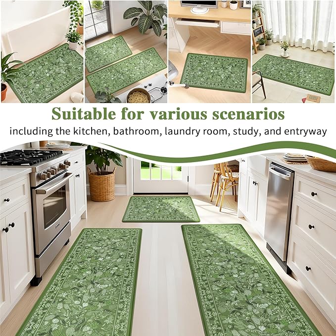 Kitchen Rug Green Botanical Floral Anti-Fatigue Kitchen Mat, Waterproof Non Slip Comfort Standing Mat Rug for Home, Sink, Laundry 17.3"x59"
