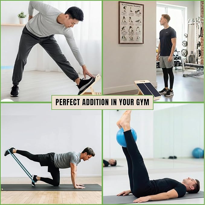 Slant Board for Calf Stretching with Resistance Band, Fitness Ball & Training Poster, 300 lbs Adjustable Wooden Incline Board, Portable Calf Stretcher for Physical Therapy Equipment & Leg Training