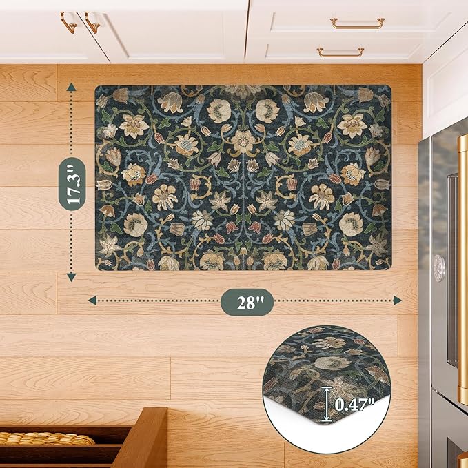 KIMODE Anti Fatigue Kitchen Mats for Floor Non Slip,Boho Kitchen Sink Rug Waterproof,Comfort Cushioned Padded Kitchen Floor Mats for Bathroom Sink Office Home Decor,Dark Green/Blue 17.3"x28"