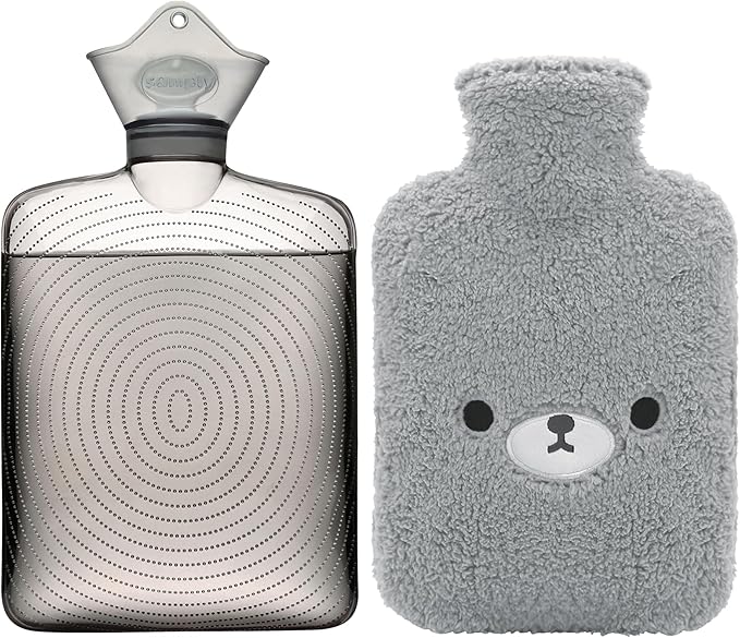 samply Hot Water Bottle with Cute Fleece Cover, Hot Water Bag for Hot and Cold Compress, Hand Feet Warmer, Neck and Shoulder Pain Relief, Grey Bear