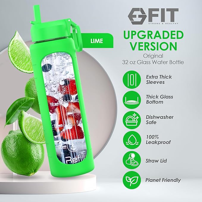 FIT Strong & Healthy 32 oz Glass Water Bottle with Straw Lid - Wide Mouth Borosilicate Glass Water Bottles with Time Marker, Silicone Sleeve & Extra Lid - 1L Large Motivational Drinking Bottle