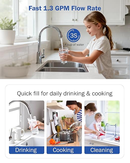 Dreamwills 8-Stage Under Sink Water Filter System SJ10, High-Flow 1.3 GPM Under Counter Water Filtration for Kitchen, Reduce Lead, PFAS, Fluoride, Chlorine, Chloramine, No Electricity, No Wastewater