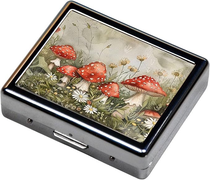 Silver Vintage Pill Box 7 Day Metal Pill Box with Mirror and 8 Compartments Cute Travel Pill Organizer for Purse,Compact Portable Pill Organizer (Sewant Mushrooms)