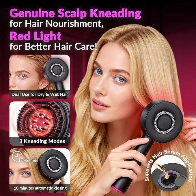 Electric Scalp Massager Red Light-scalp massager with red light therapy with 850nm,smart scalp massager with red light dual use for dry&wet hair,supports hair serum application,3 Modes selection,gift