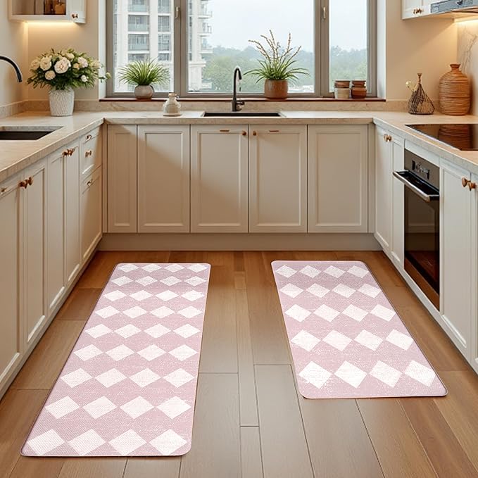 Pink Moroccan Trellis Checkered Kitchen Rug Sets [2 PCs], Anti-Fatigue, Waterproof Non-Slip Kitchen Mats Heavy Duty Ergonomic Comfort Foam Rug for Floor, Home, Laundry,17"x29"+17"x47"