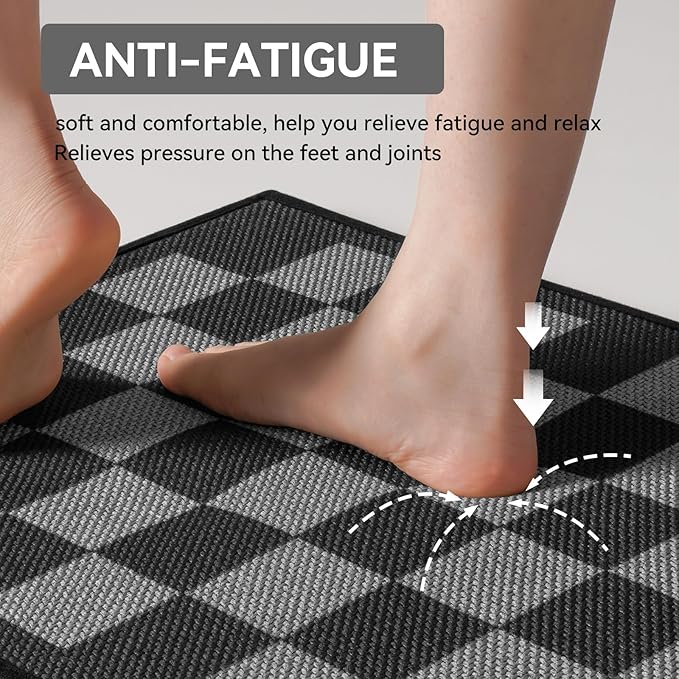 Kitchen Mats for Floor, Super Absorbent Kitchen Rugs Non Slip Washable, Linen-Look Woven Cushion Runner Rug, Kitchen Sink Mat Standing Mat, Black Gray Checkered 17"x30"