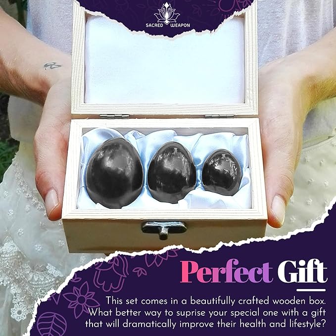 Kegel Weights for Women - Set of 3 Black Obsidian Eggs | Pelvic Floor Exercise Devices for Tightening, Postpartum Recovery & Prolapse Support | Huevo de Obsidiana Negra Yoni with String & Guide