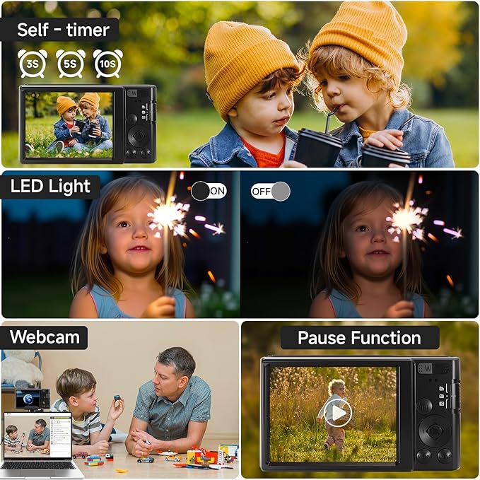 Digital Camera 4K, 2026 Upgrade Black Cameras for Teens, Autofocus Digital Point and Shoot Camera for Kids with 16X Zoom, 64GB SD Card, Compact Small Camera for Boys Girls Teens Kids Gift