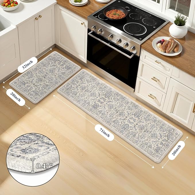 KIMODE Kitchen Floor Mats Cushioned Anti Fatigue,Boho Floral Rugs Sets of 2,Ergonomic Memory Foam Carpet Non Slip 20" x 71"+20" x 32", Wide Long Comfort Runner for Sink Laundry Office,Blue