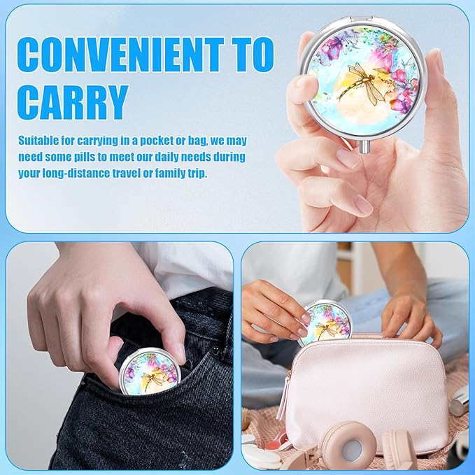 Watercolor Dragonfly Pill Case, Pill Box 3 Compartments Metal Small Pill Holder with Mirror Mini Travel Pill Container for Purse Pocket Women Men