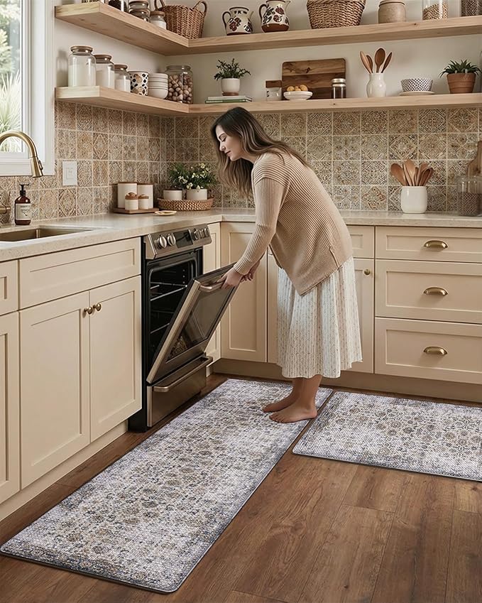 LUMI Anti-Fatigue Kitchen Floor Mats Set of 2,Cushioned Comfort Standing Rug Waterproof 2PCS, Non-Slip Ergonomic Foam Runner for Sink, Laundry, Office & Home,17x29+17x59,Fog Nest