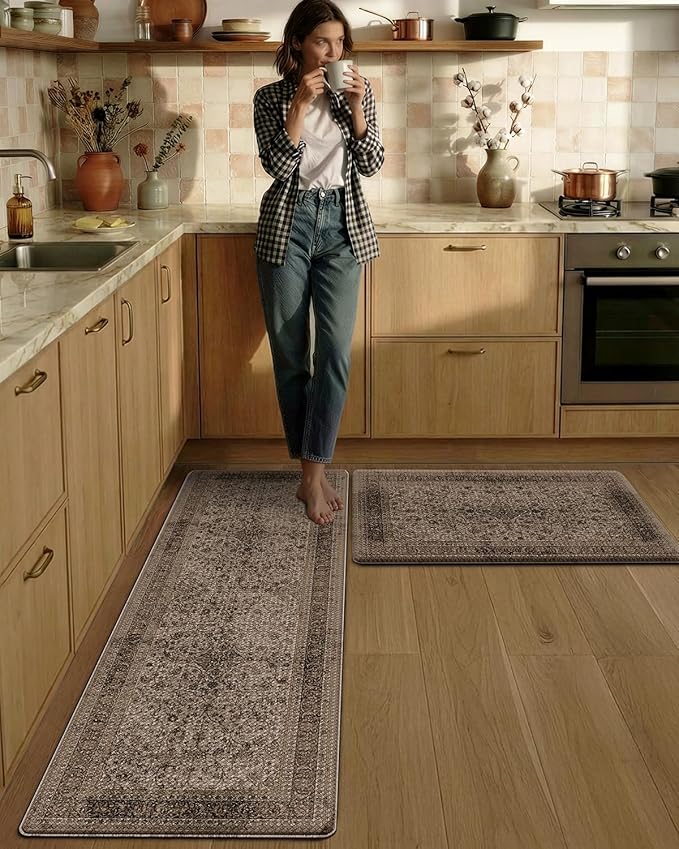 LUMI Anti-Fatigue Kitchen Floor Mats Set of 2,Cushioned Comfort Standing Rug Waterproof 2PCS, Non-Slip Ergonomic Foam Runner for Sink, Laundry, Office & Home,17x29+17x59,Khaki Garden