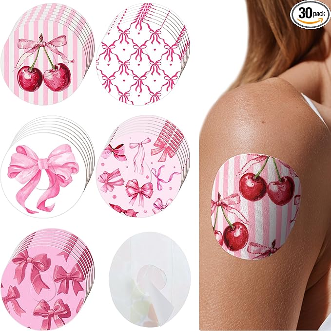 Geiserailie 30 PCS Adhesive Patch Compatible with Dexcom G7 Pre-Cut Flowers Pink Bow NO Glue in The Center Sensor Cover for Continuous Glucose Monitor Long Fixation Flexible Breathable