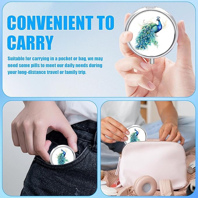 Pill Box, 3 Compartments Small Pill Case Travel Portable Metal Medicine Box with Mirror Mini Container for Purse Pocket Women Men（Watercolor Peacock）