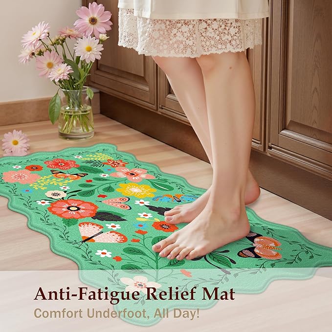 Scalloped Green Kitchen Mats for Floor 2PC Cushioned Anti Fatigue Kitchen Mats Rugs Waterproof Non Slip Farmhouse Boho Floral Comfort Foam Standing Mat for Sink Laundry