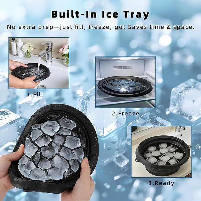 Silicone Face Bowl for Ice with Built-in Icetray, Collapsible Face Ice Bath Bowls for Home&Travel Ice Water Facials, Ice Face Bowls for Cold Plunge Therapy, Skin Tightening (M-Black)