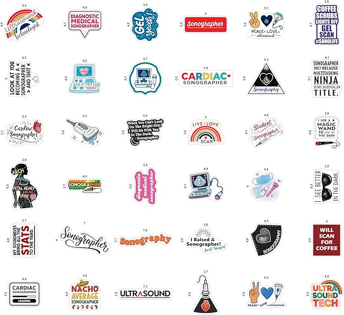 100Pcs Sonography Stickers for Water Bottle, Laptop - Ultrasound Stickers - Sonography Gifts for Sonographer, Party Decorations - Gift for Women & Men