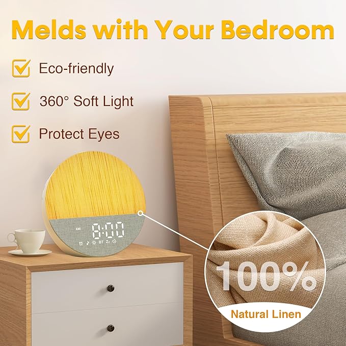 Sunrise Alarm Clock for Morning Wake-Up: White Noise Machine with 30 Soothing Sounds 9 Colors Light for Bedroom - Gentle Gradual Wake Up Light for Heavy Sleepers Adjustable Brightness Volume - Beige