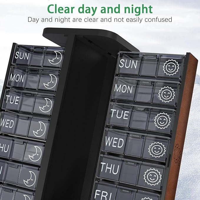 Pill Organizer 7 Day AM PM, Discreet 2 Times a Day Weekly Pill Box with Double Protection Shell, Large Capacity Portable Vitamin Case for Travel Meds & Medicine Organizer, Brown