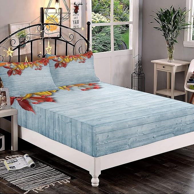 XISUNYA Decorative Fitted Sheet Set Twin Size, Rowan Deep Pockets Fitted Sheet & 2 Pillow Sham Set, Vintage Autumn Dried Rowan Leaves Berries on Wooden Planks Printed Microfiber Bedding 3pc Set