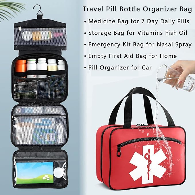 Naanle Pill Organizer Bag Travel Pill Bottle Medicine Organizer Home Storage Medication Bag for Vitamin Supplements, Medical Sign Empty First Aid Bag for Car Camping, 1.0 Count