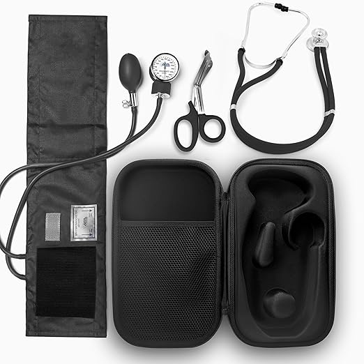 ASA TECHMED Medical Starter Kit – Stethoscope, Durable Blood Pressure Monitor, EMT Shears & Protective Carrying Case – Ideal for Healthcare Students & Professionals, Black