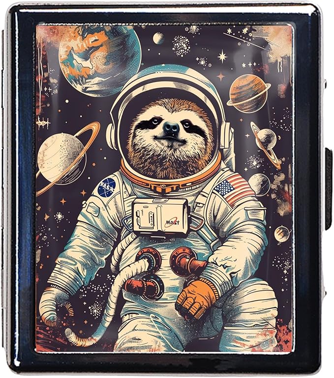 7 Days Chromed Shiny Silver Pill Organizer with Mirror Inside Has 8 Separate Compartments Rectangle 7 Days Pill Box Pill Case (Sloth Astronaut)