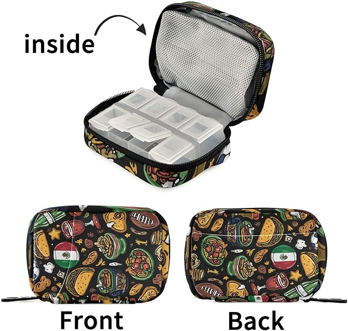 Mexican Soccer Food Travel Pill Organizer Case Box Container Weekly Portable Vitamin Medicine Holder Storage Bag with Zipper Removable