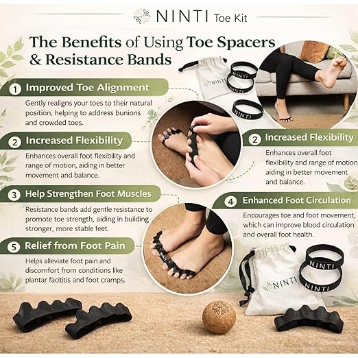 NINTI Toe spacer kit with resistance band and massage ball - Includes silicone toe separators, toe resistance band, cork massage ball, and cotton bag. Improve toe splay, bunion corrector.