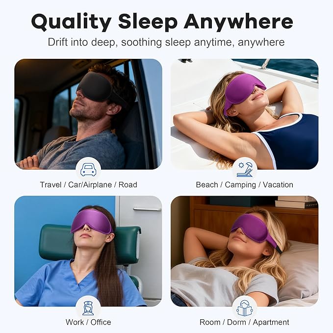 Weighted Sleep Mask 2 Pack - 3D Contoured Eye Masks for Sleep, Best Blackout Sleep Masks for Women Men, Eye Mask for Travel, Meditation, Airplane, Memory Foam, Adjustable Strap, Black Purple