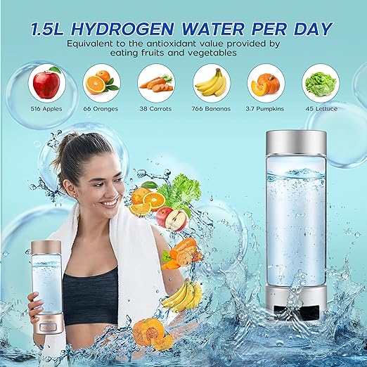 Hydrogen Water Bottle Generator - Hydrogen Water Bottle with Up to 6000ppb, 400ml Glass, Lightweight and Portable Design, Rechargeable USB/Battery/Electric Power, Gold/Silver (Silver)