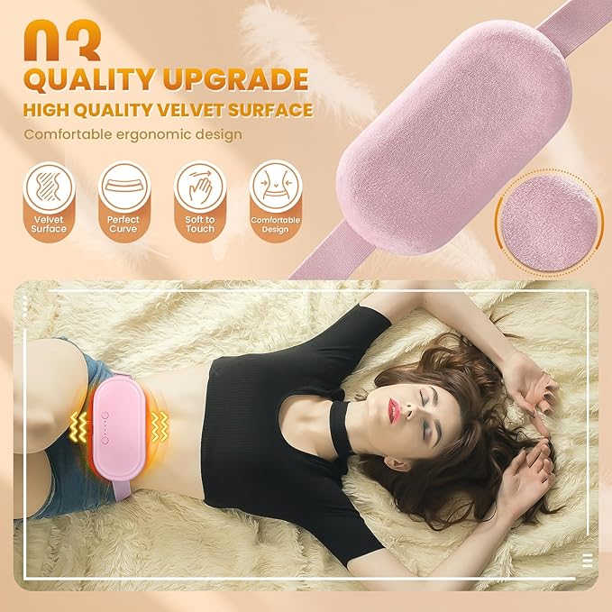 Portable Electric Heating Pad for Period Cramps, Menstrual Heating Pads with 4 Heat Levels and 4 Vibrating Modes for Women Stomach Pain Relief-Pink