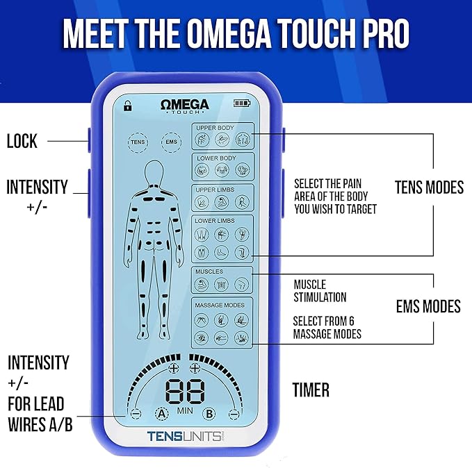 OMEGA Touch TENS Unit & Muscle Stimulator Combo Unit, 24 Modes for Pain and Muscle Relief, Rechargeable Pulse Massager with Electrodes Pads…