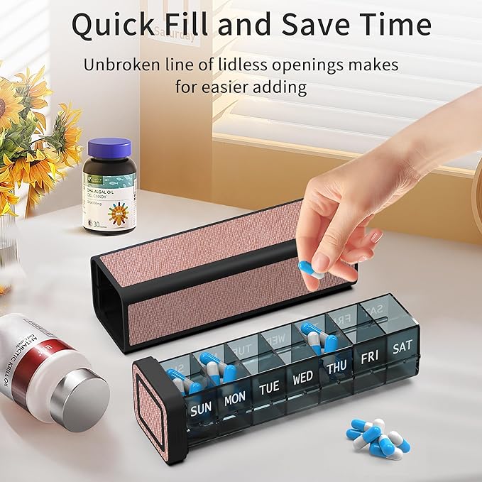 Weekly Pill Organizer 7 Day, Discreet Leather Pill Case for Purse or Pocket, Easy Slide-Out Daily Medication Planner, 1 Time a Day Travel Vitamin and Supplement Holder (Pink)