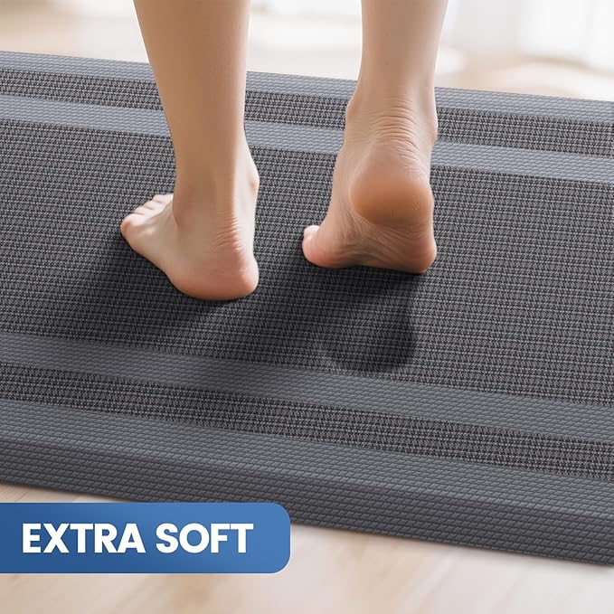 KitchenClouds [2 PCS] Kitchen Rugs Cushioned Anti-Fatigue Kitchen Mats for Floor Waterproof Kitchen Rug Set Non-Slip Comfort Standing Mat for Office, Sink, Laundry 20"×30"+20"×60", Grey
