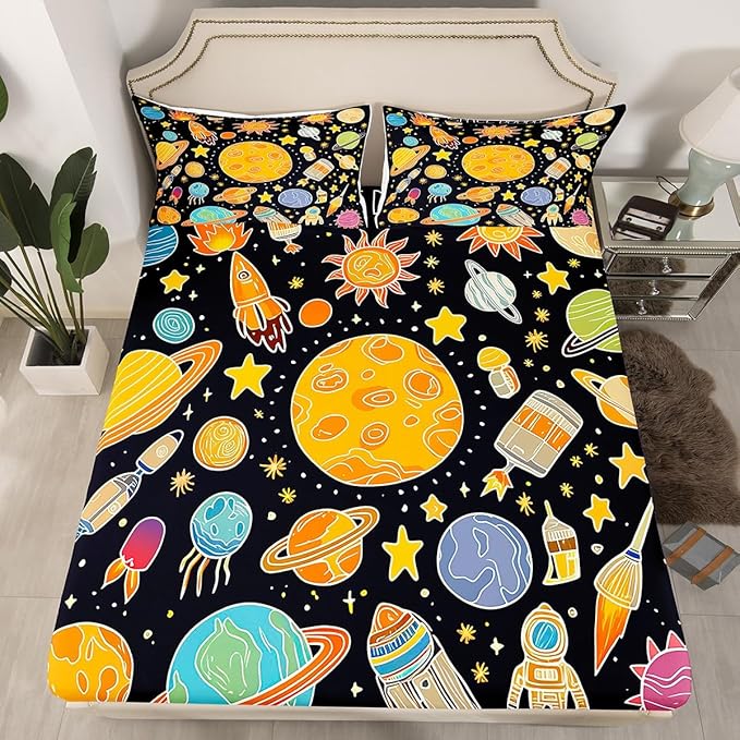Outer Space Bed Sheet Set Queen, Solar System Fitted Sheet for Kids Planet Solar System Bedding Set Boys Girls Educational Bed Cover Bed Set 3Pcs (No Flat Sheet)