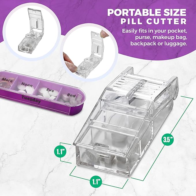 V-Grip Pill Splitter - Stackable Pill Organizer with 4 Daily Compartments, Medicine, Vitamin Organizer with AM/PM Boxes