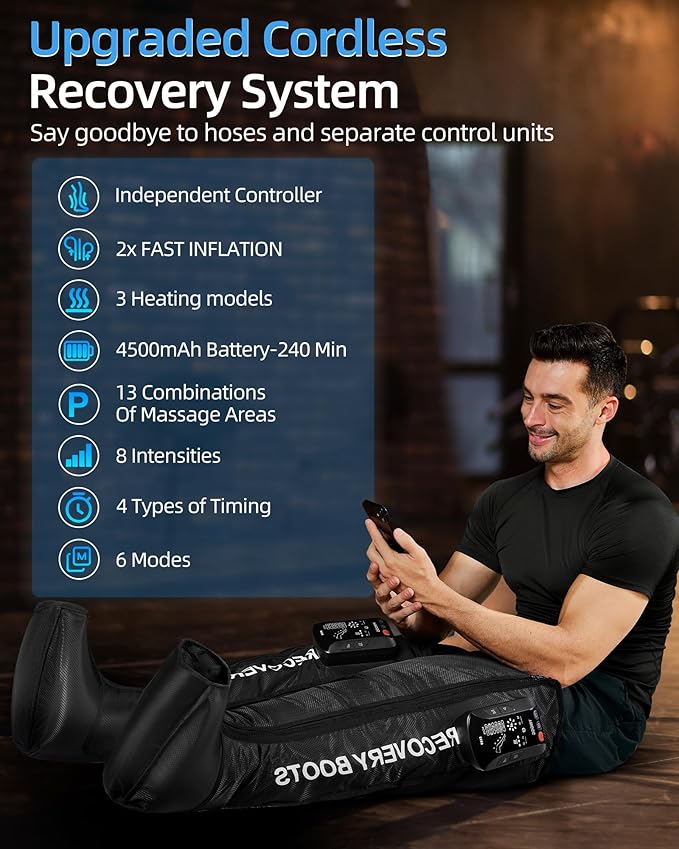 Air Compression Leg Massager, Cordless Recovery System for Improved Circulation, Professional Foot Massage Boots with 5 Massage Areaes, 8 Intensities(Only Single Leg)-Medium