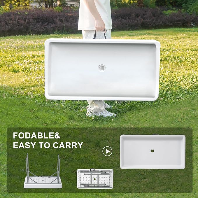 Allpop 4 Foot Folding Ice Cooler Table with Matching Skirt, Portable Patio Table with Grid Rack & Drain Hose for Party Bar Picnic BBQ Camping Wedding, White