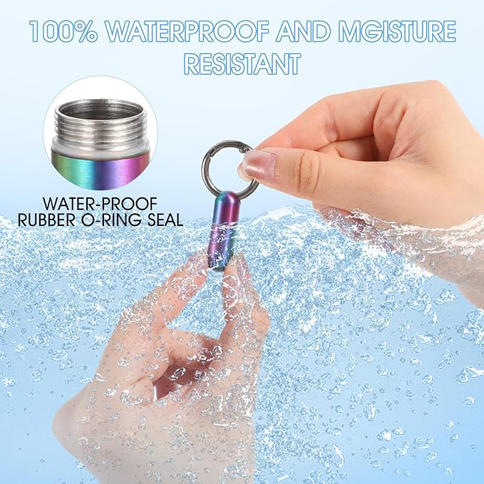 Small Pill Case Keychain Tiny Portable Carabiner Clip Pill Holder Bottle Micro Waterproof Metal Pill Container Mini Emergency Medicine Organizer for Outdoor Camping Travel Purse (Colorful)