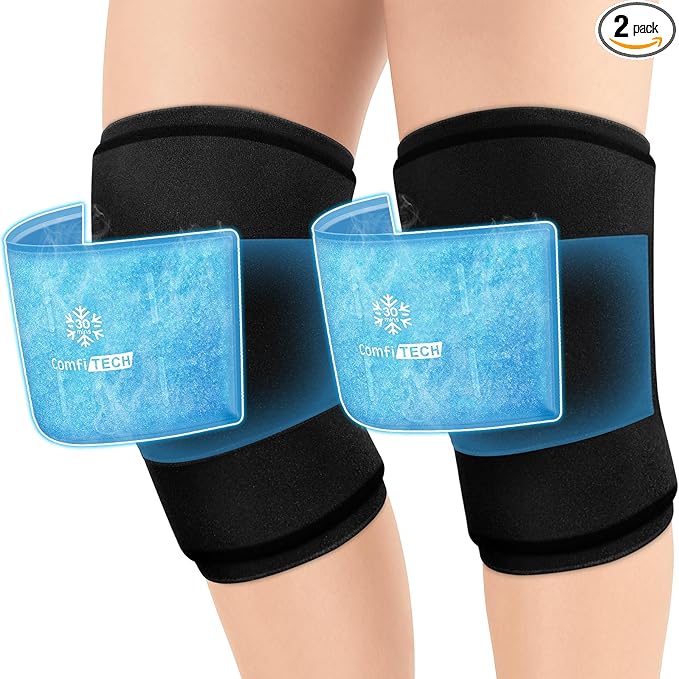 ComfiTECH Dual-Gel Pack Knee Ice Sleeve with Extended 30-Minute Cooling, Detachable Ice Pack & Flexible Reusable Gel Ice Wrap for Soothing Discomfort & Fatigue in Knee, Thigh and Calf, Large, 2 Packs