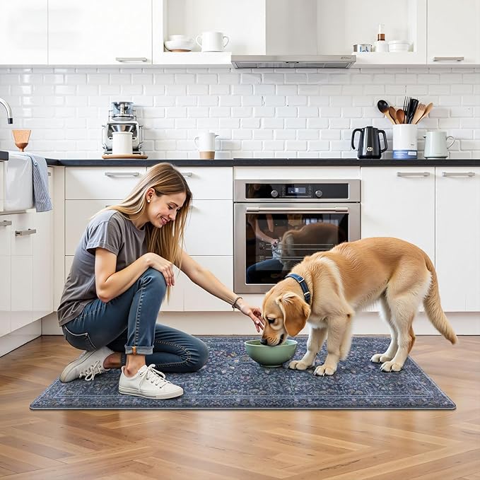 U'Artlines Double-Sided Kitchen Rugs Set of 2,Kitchen Anti Fatigue Mats Non Slip Padded Floor Standing Desk Mat,PVC Waterproof & Stain Resistant Carpet Blue Floral Rugs for Laundry Room Office Sink
