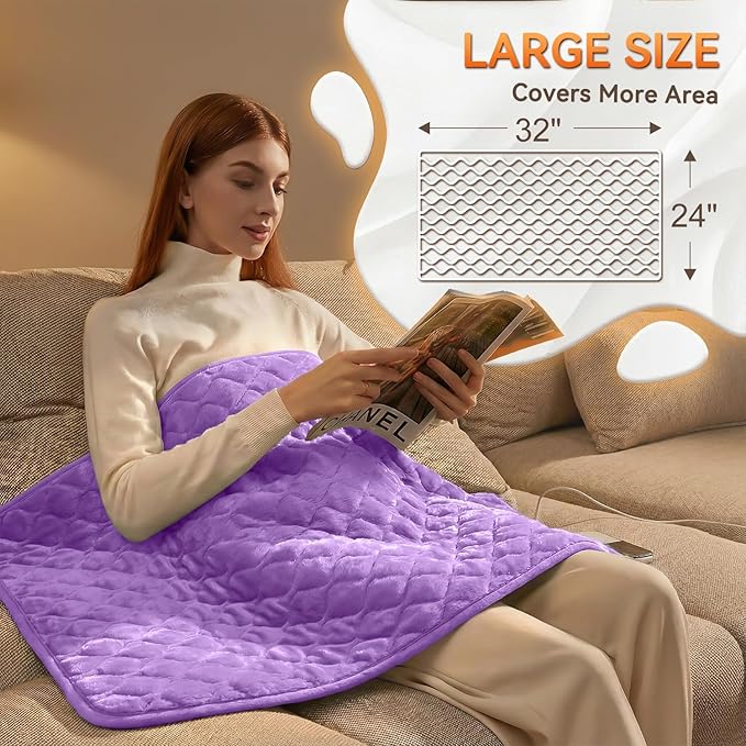 King Size Heating Pad for Back Pain 32"x24" Extra Large Electric Heating Pad for Period Cramps Relief & Body Neck Shoulder Auto Shut Off Heat Pad Temperature Settings Machine Washable Purple