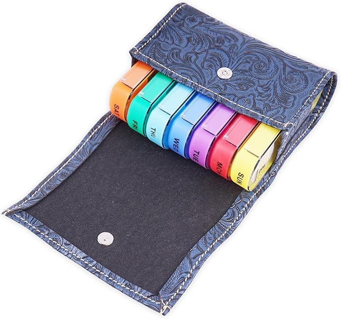 Pill Organizer,Haecsfl Weekly Travel Pill Case Box Medication Reminder Daily AM PM, Day Night 7 Compartments,for 4 Times A Day, 7 Days a Week-Includes Leather PU Carrying Case(1-Carved Blue)