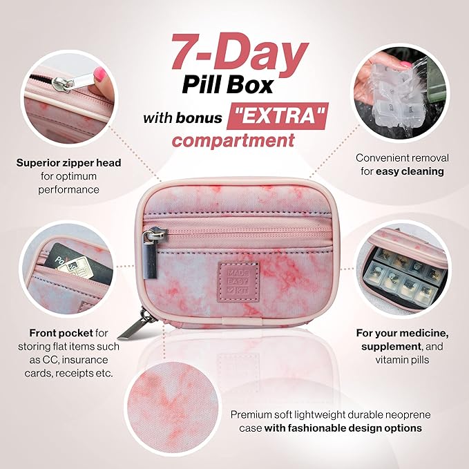 Made Easy Kit Pill Case - Weekly Medicine Organizer with Removable Seven-Day Vitamin & Supplement Box (Pink Marble)